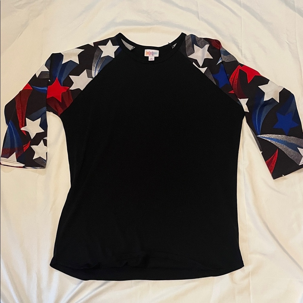 LuLaRoe Black Top with Red, White, and Blue Star 3/4 Sleeves